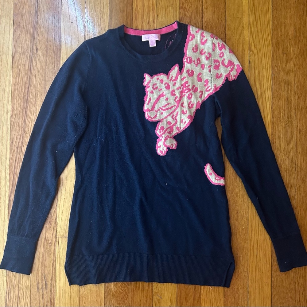 Lilly Pulitzer Navy pink Cheetah wool sweater XS